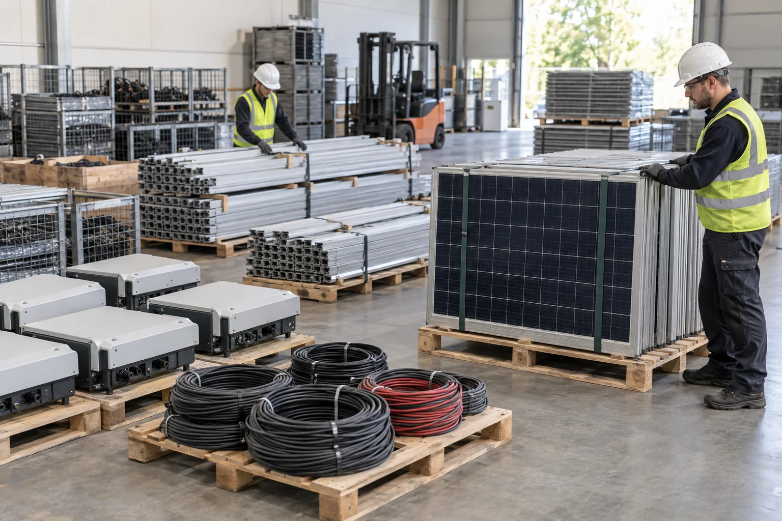 Getrennt erfasste Wechselrichter, Montageschienen und Kabel aus einem PV-Rückbau